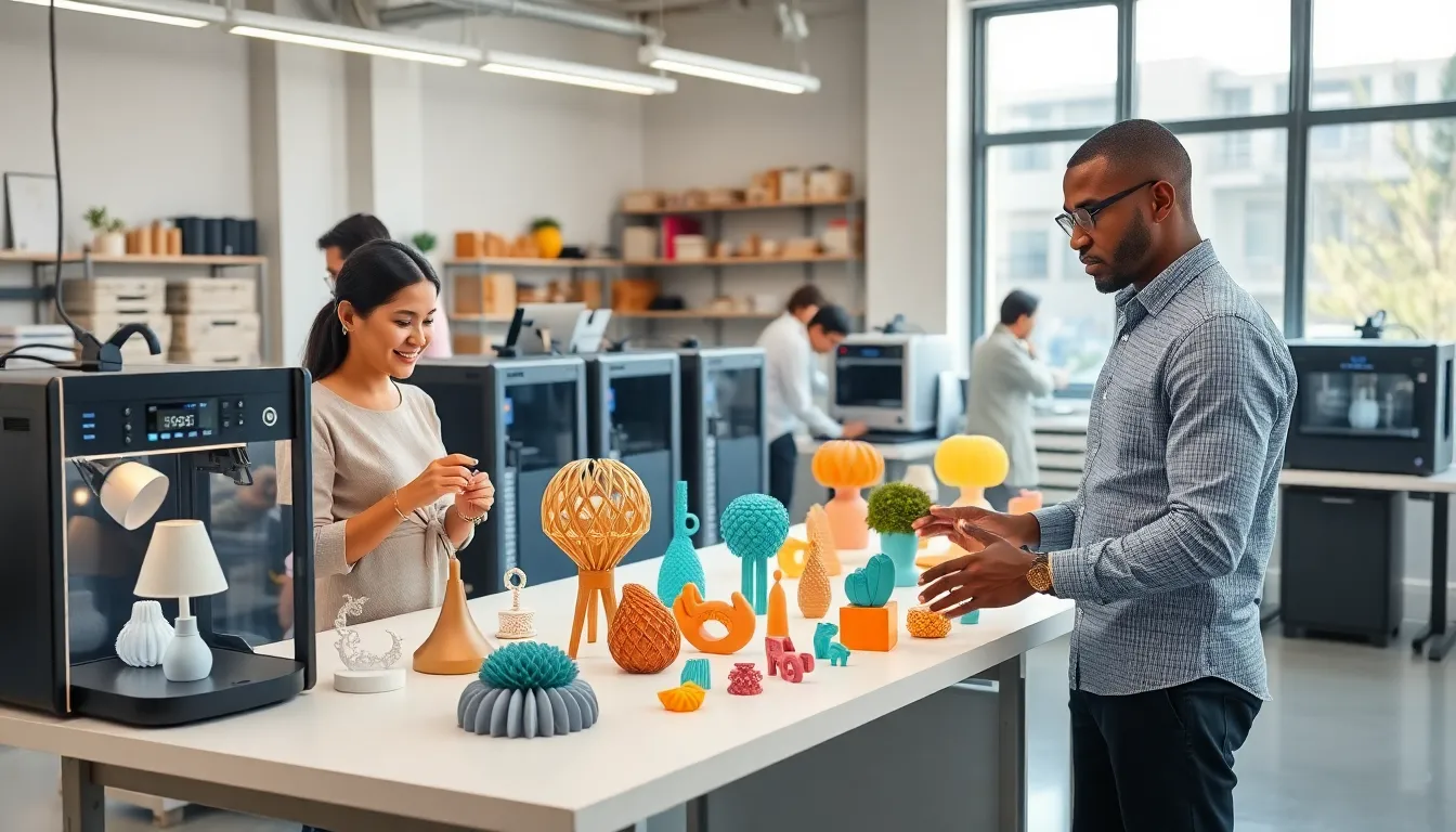 professionals designing unique 3D printed home decor and jewelry in a bright workshop.
