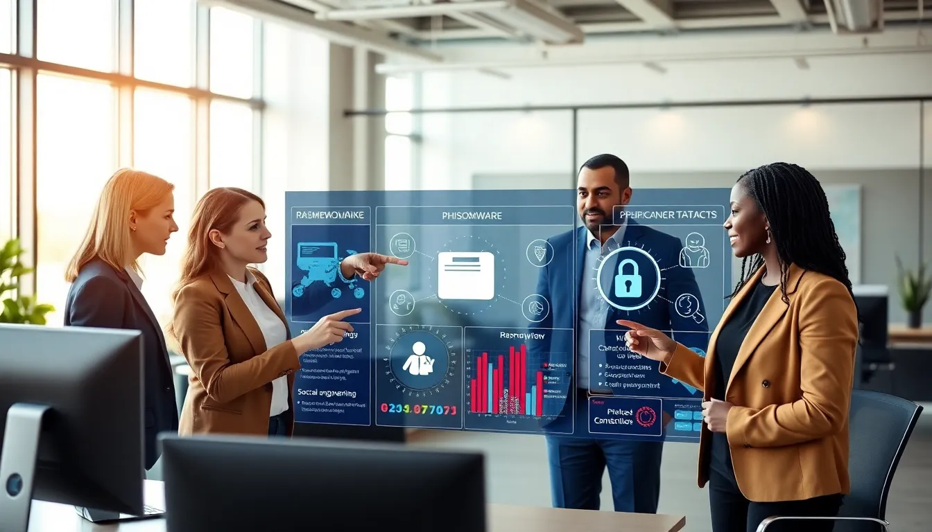 cybersecurity experts discussing threats in a modern office.