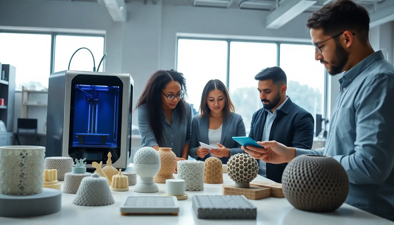 professionals examining 3D printed objects with different infill patterns.