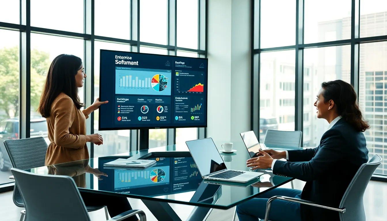 diverse team discussing enterprise software in a modern office setting.