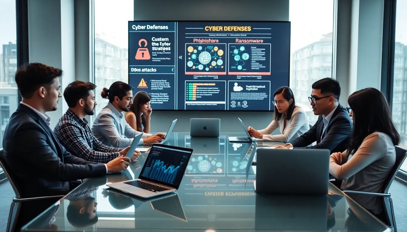 diverse cybersecurity team collaborating on defense strategies in a modern office.