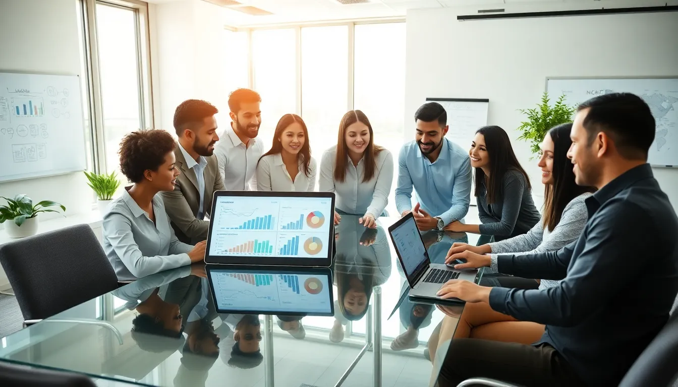 diverse team collaborating in a modern office on enterprise applications.