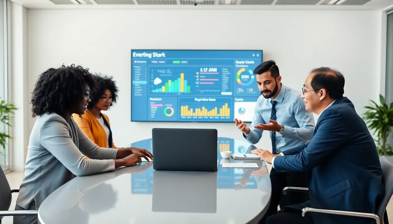 business professionals collaborating on enterprise software in a modern office.