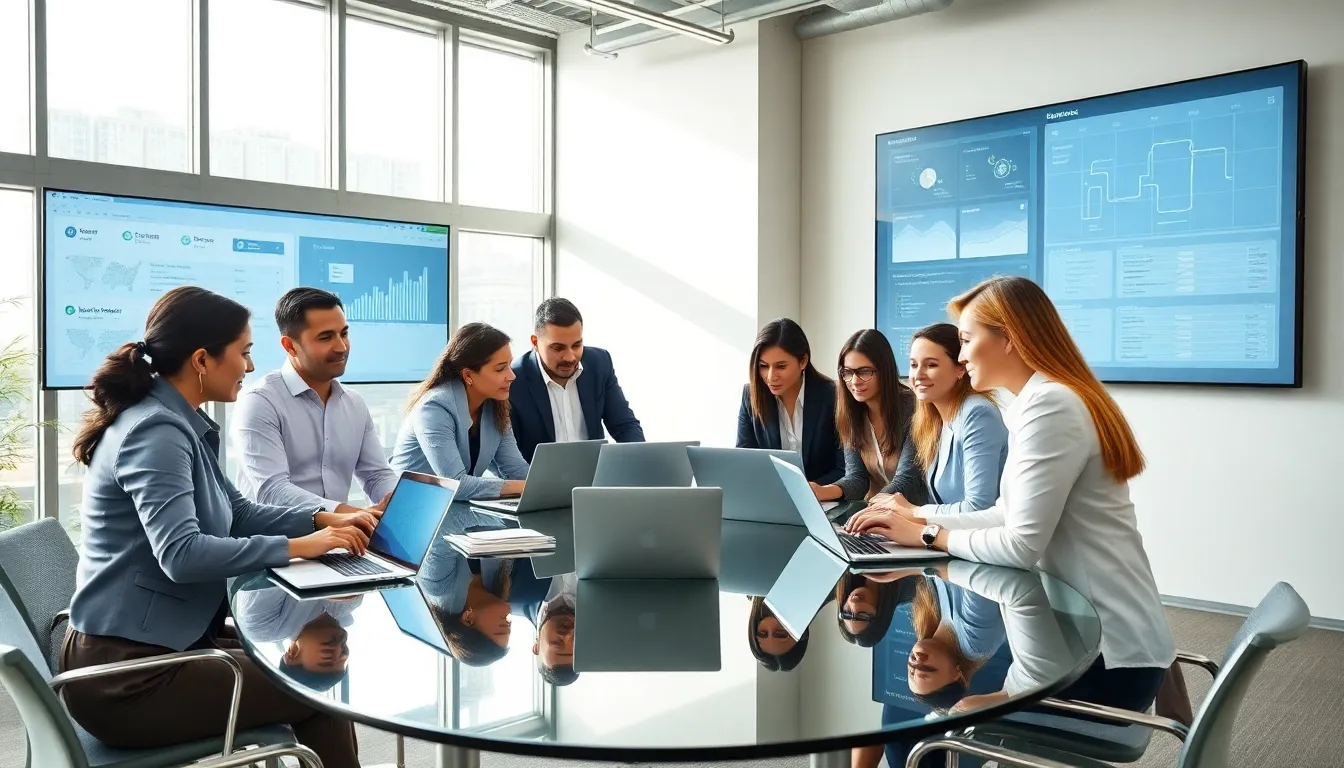 diverse professionals discussing enterprise applications in a modern office.