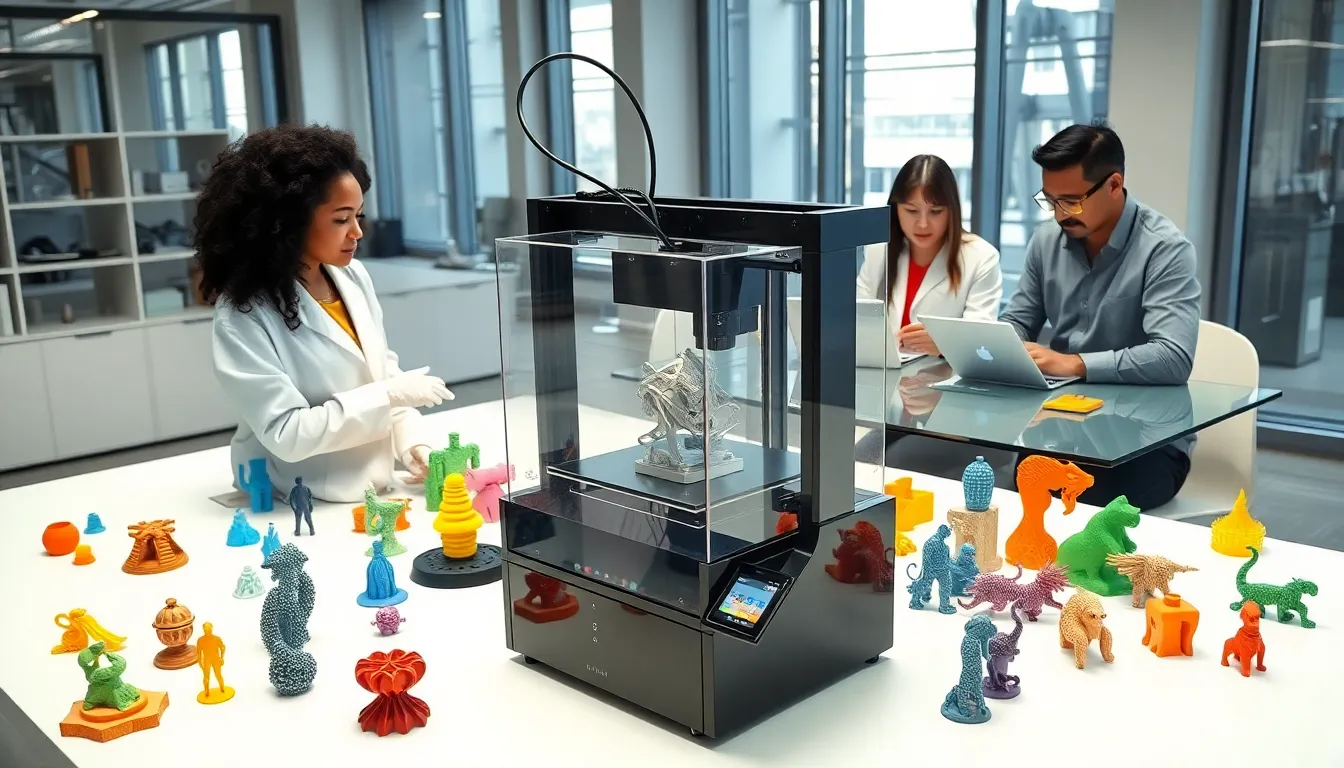 modern workspace with a 3D printer and diverse team collaborating.