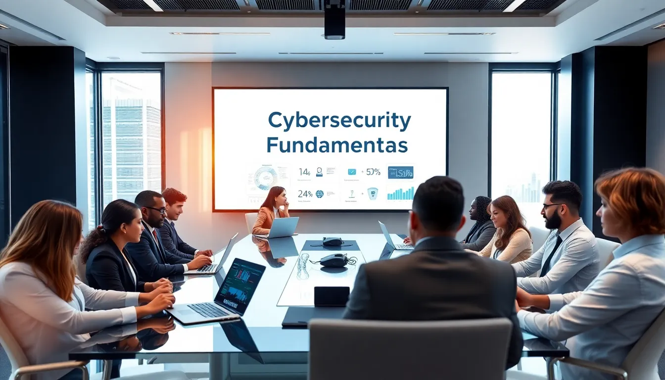 professionals discussing cybersecurity principles in a modern office.