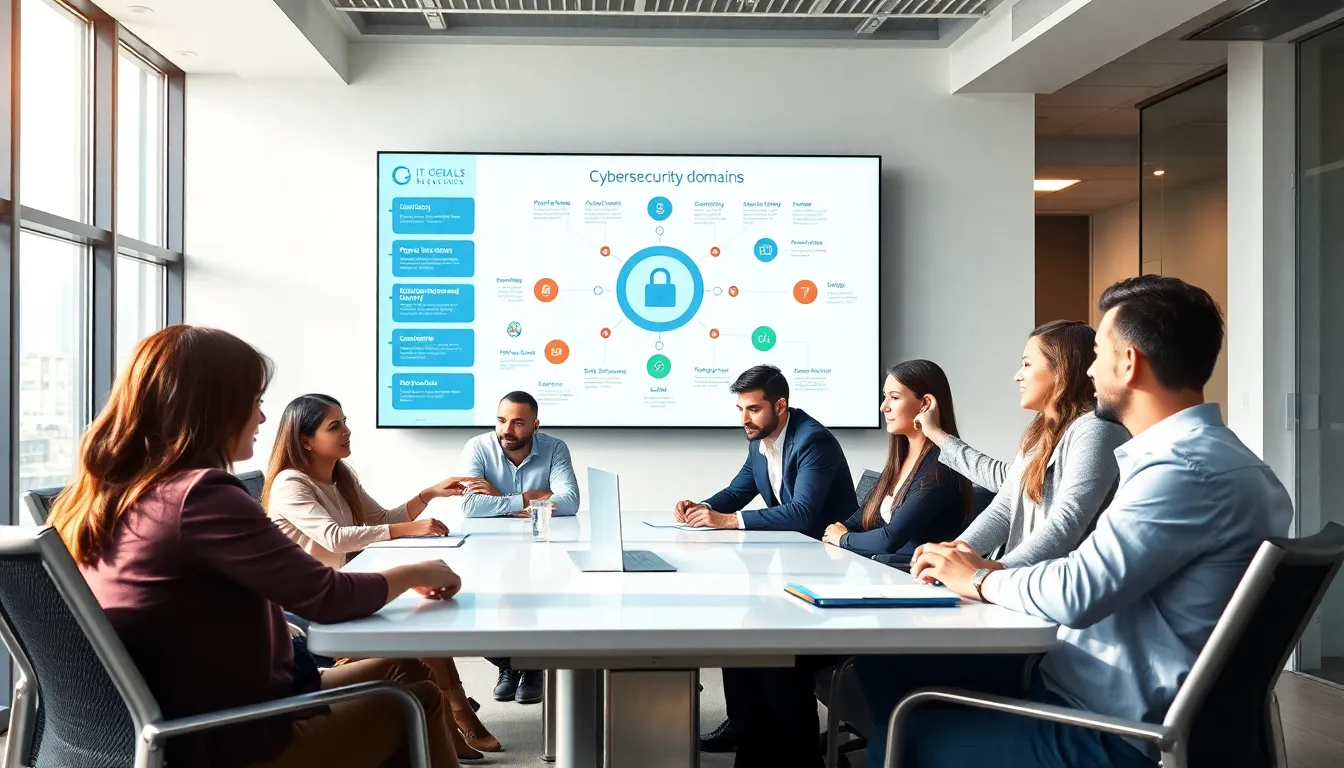 diverse team discussing cybersecurity domains in a modern office.