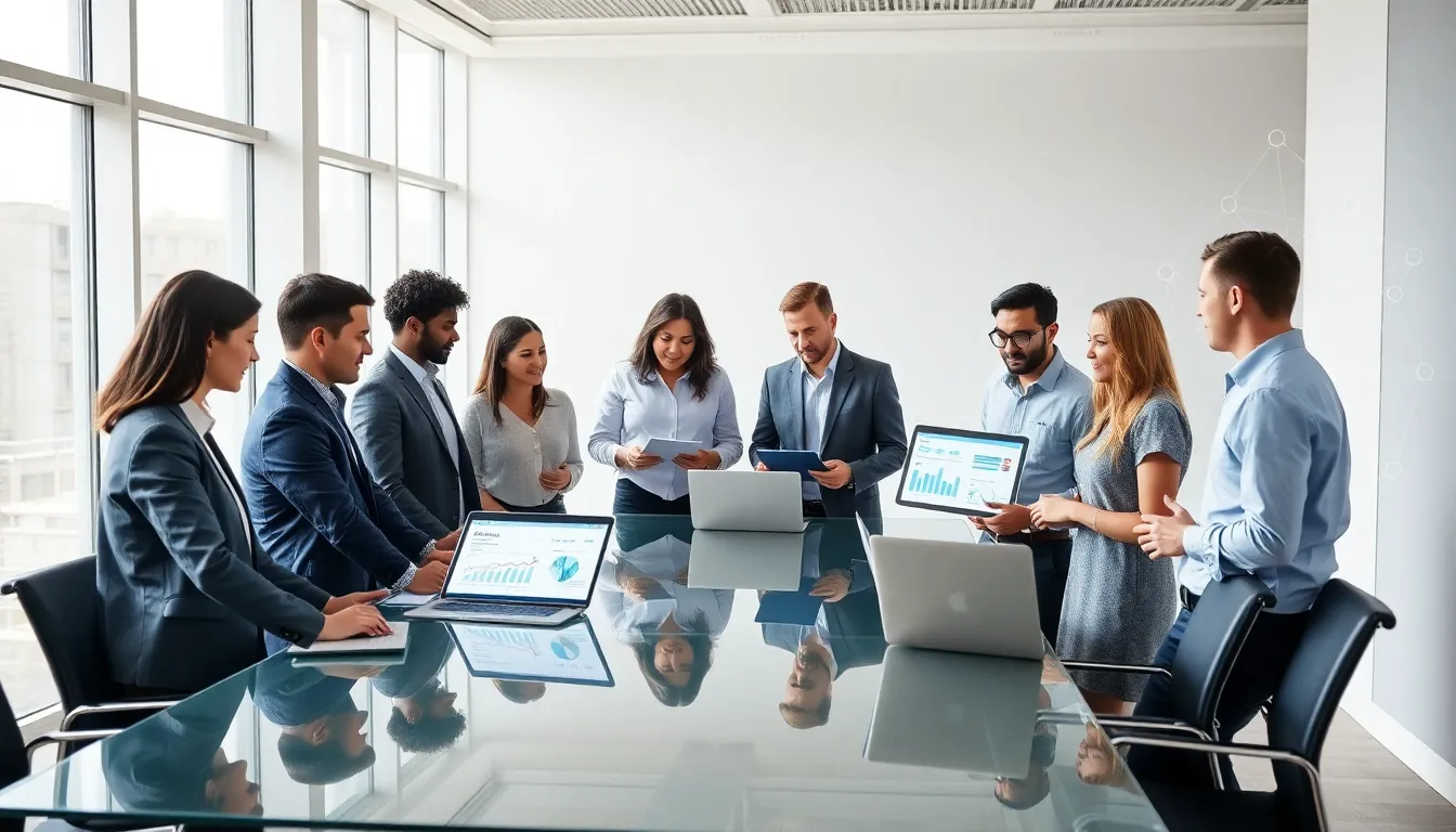 diverse team collaborating on enterprise applications in a modern office.