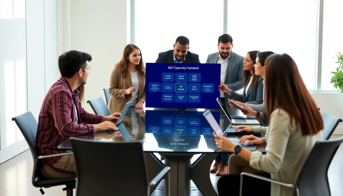 diverse cybersecurity team discussing strategies at a modern conference table.